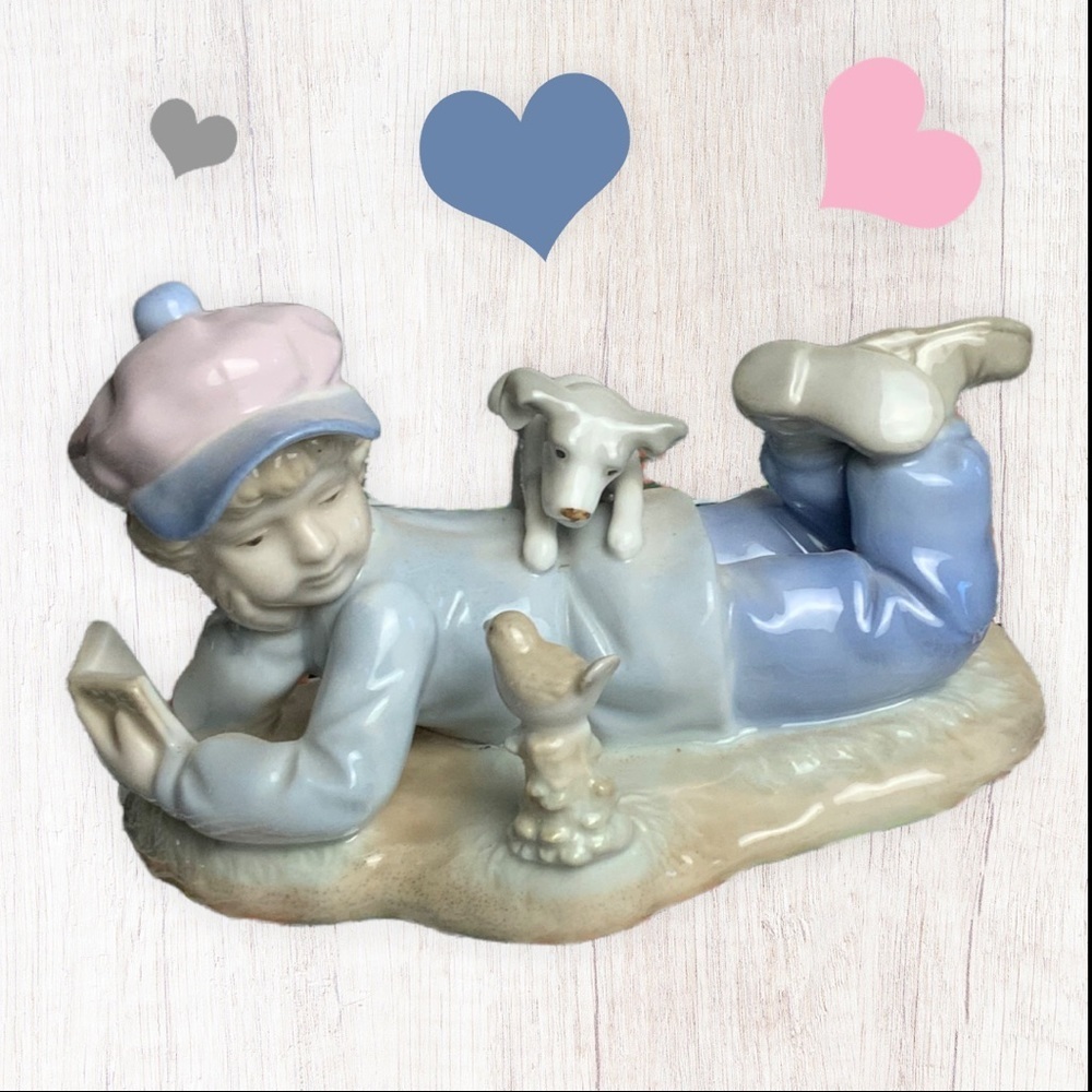 Vintage 1991 Paul Sebastian Porcelain Boy Reading with Dog & Bird